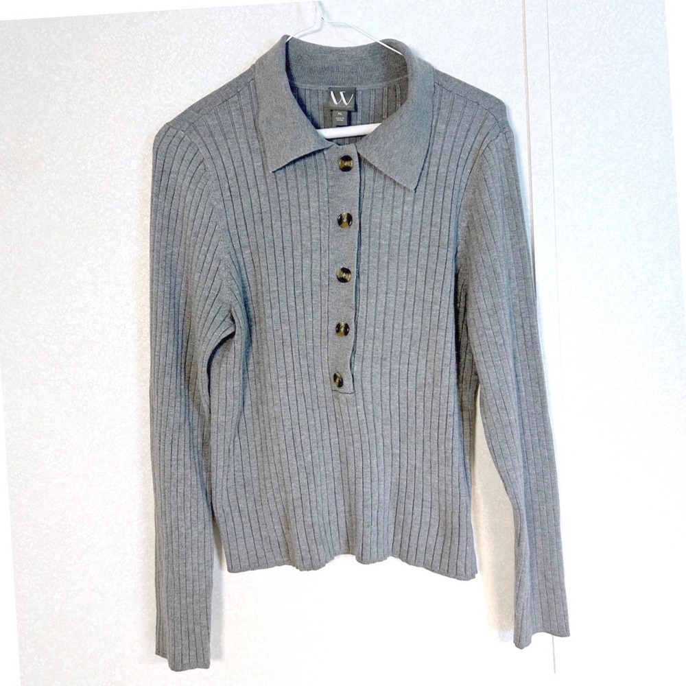 Worthington Gray Ribbed Long Sleeve preppy button Collared Shirt Women's Size XL